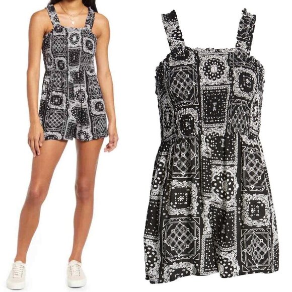 Nordstrom BP Smocked Bodice Romper Black Bandanamix Size XS Bandana Print Boho - Picture 1 of 9